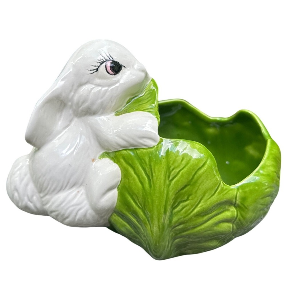 Vintage Holland Mold White Rabbit Cabbage Leaf Ceramic Planter Easter Decor